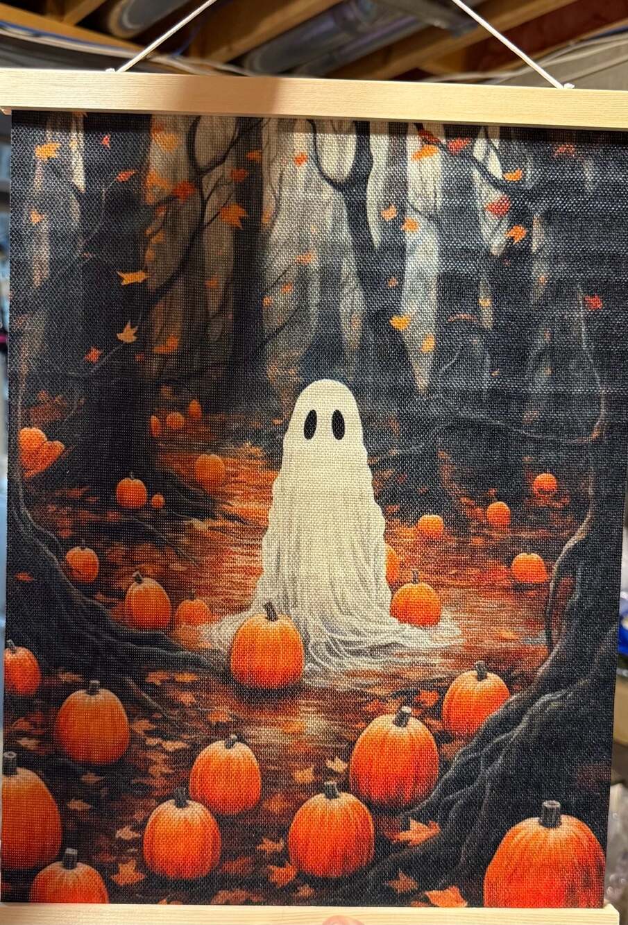 Halloween Ghost in Autumn Forest with Pumpkins Wall Hanging Canvas Art